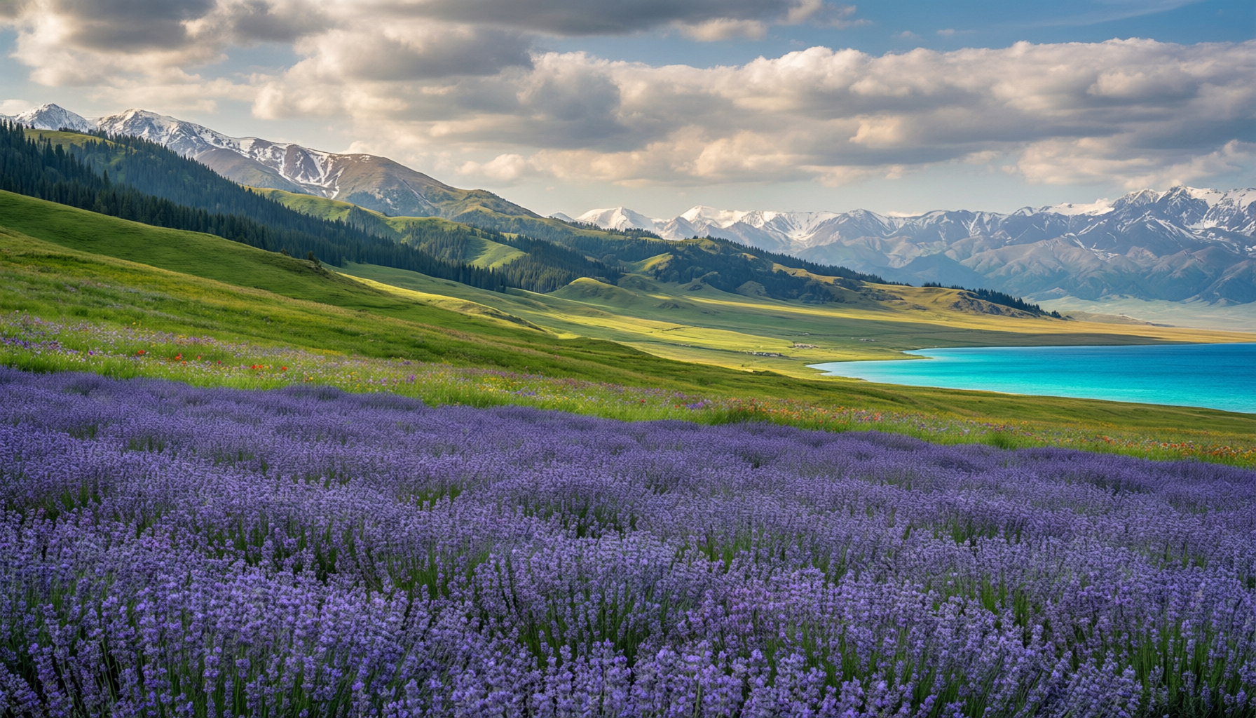 Lavender fields and Sayram Lake in Ili Valley, Xinjiang summer